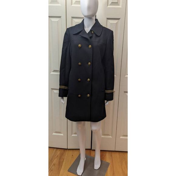 Tory Burch Pea Coat Size 10 Wool Military Double Breasted Gold Logo Buttons - Picture 2 of 16